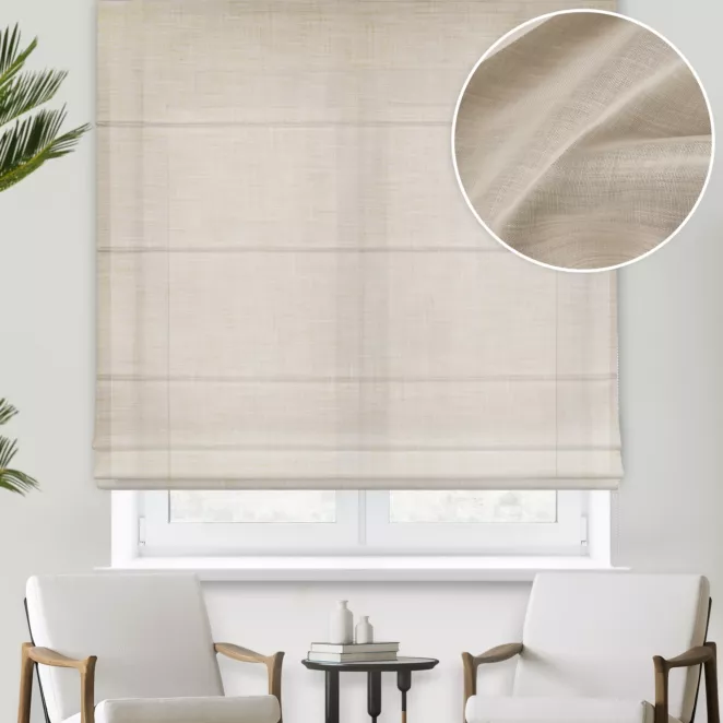 Roleta rzymska beżowa z gładkiej matowej etaminy o naturalnym splocie