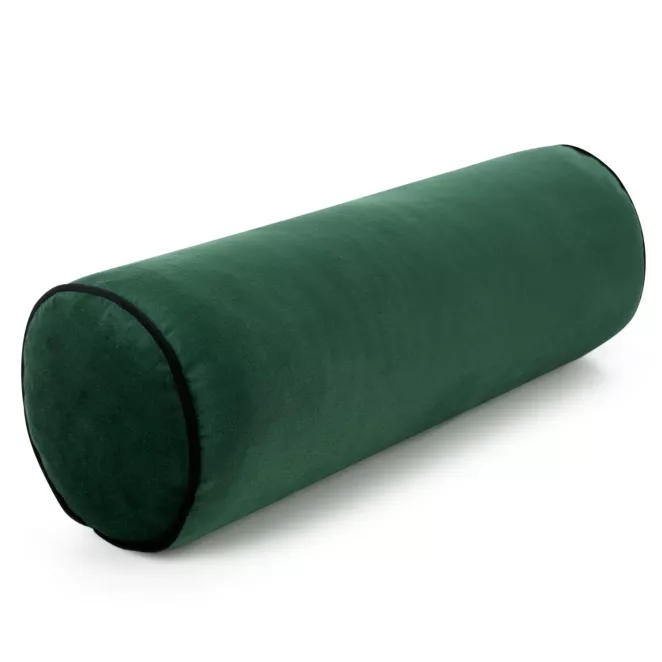 Poduszka dekoracyjna wałek 15 x 45 cm welwetowa ciemnozielona zdobiony kontrastującą lamówką GAJA