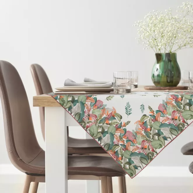 Bieżnik na stół naturalno, zielony 85x85 cm INES z nadrukowanym motywem botanicznym