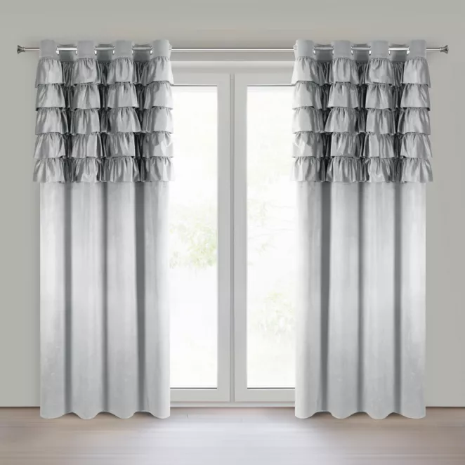 Zasłona welwetowa srebrna zdobiona falbanami 140x250 cm przelotka - AURA