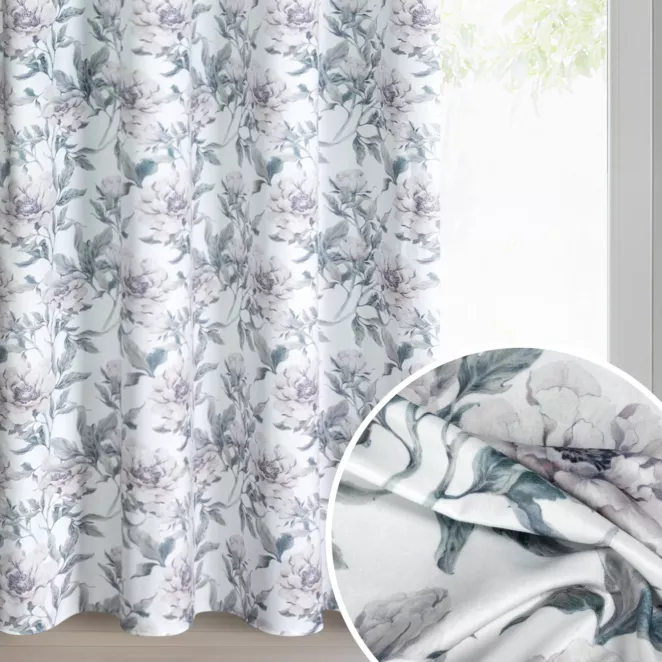 Zasłona biało, różowa welwetowa z motywem kwiatów 140x250 cm przelotka - BEVERLY