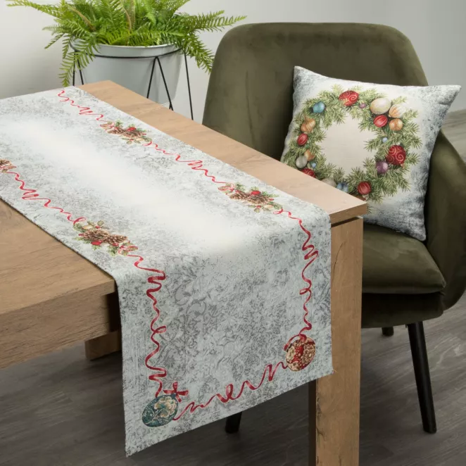 Bieżnik na stół popielato, czerwony 45x140 cm gobelinowy z motywem świątecznym