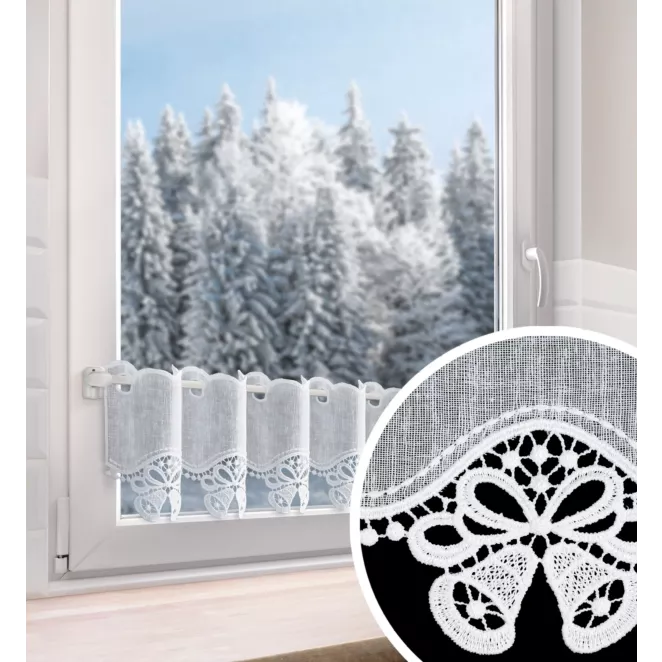 Tkanina firanowa zazdrostka z etaminy zdobiona świątecznym ażurowym haftem w formie dzwoneczków