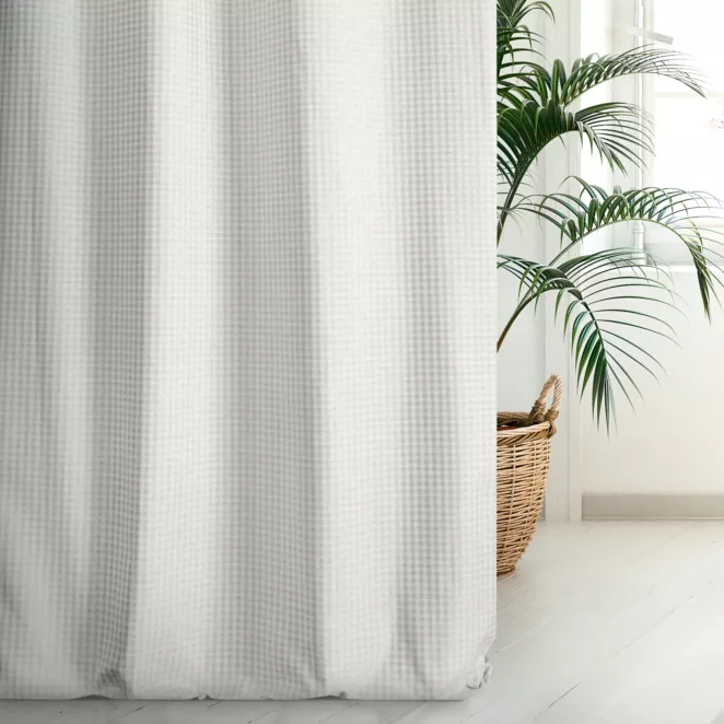 Zasłona szyta na taśmie 5 cm FLAVIO kremowo szampańska z dwustronnej tkaniny, deseń w krateczkę z dodatkiem srebrnej nici