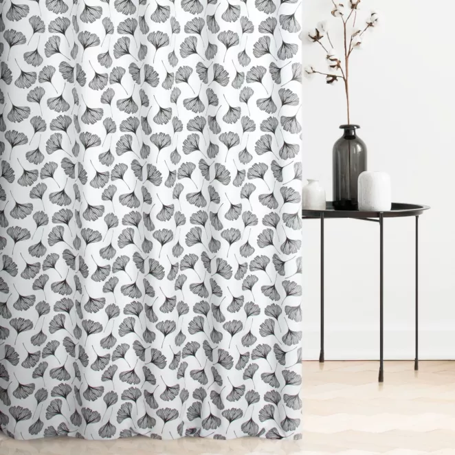 Tkanina zasłonowa z nadrukiem w liście miłorzębu, miękka w dotyku