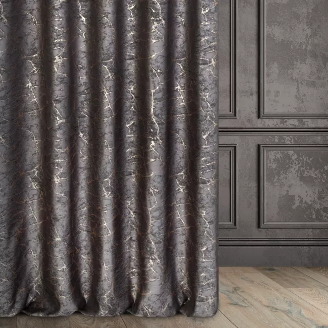 Zasłona szyta na taśmie 5 cm grafitowo złota z tkaniny w elegancki nieregularny wzór z błyszczącą nicią i efektem 3D Italissima Eva Minge