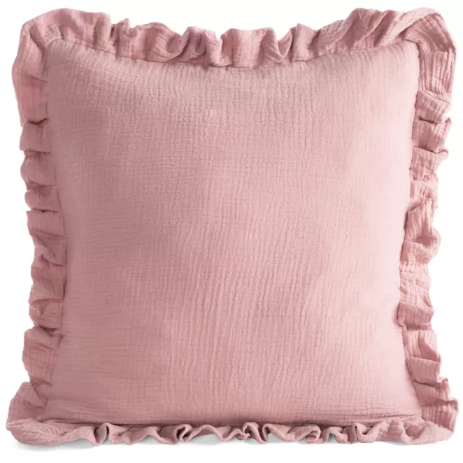Poszewka na poduszkę 45x45 cm muślinowa z ozdobną falbanką na brzegach pudrowa MUŚLIN 1