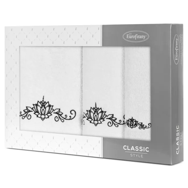 Zestaw ręczników bawełnianych na prezent 3 szt kolor biały,czarny z haftowanym wzorem lili wodnej 380g/m2 LILIANA