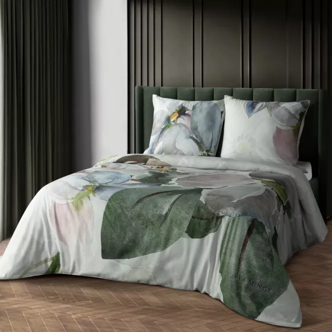 Pościel 160x200 cm z makosatyny bawełnianej kolor biały, zielony z subtelnym nadrukiem kwiatów ALICE Eva Minge
