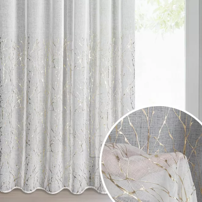 Firana biało, szampańska zdobiona nadrukiem marmurka 140x270 cm taśma MELIA