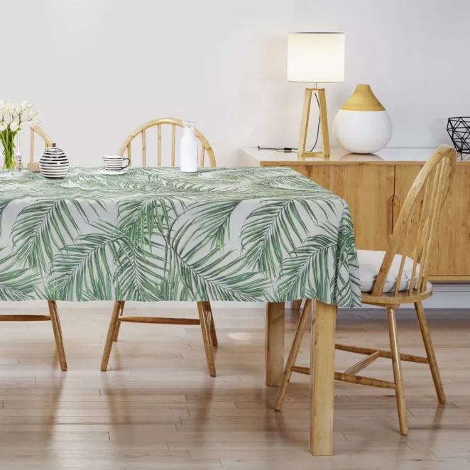 Obrus szyty PALMAS zielony z tkaniny o naturalnym splocie w botaniczny wzór