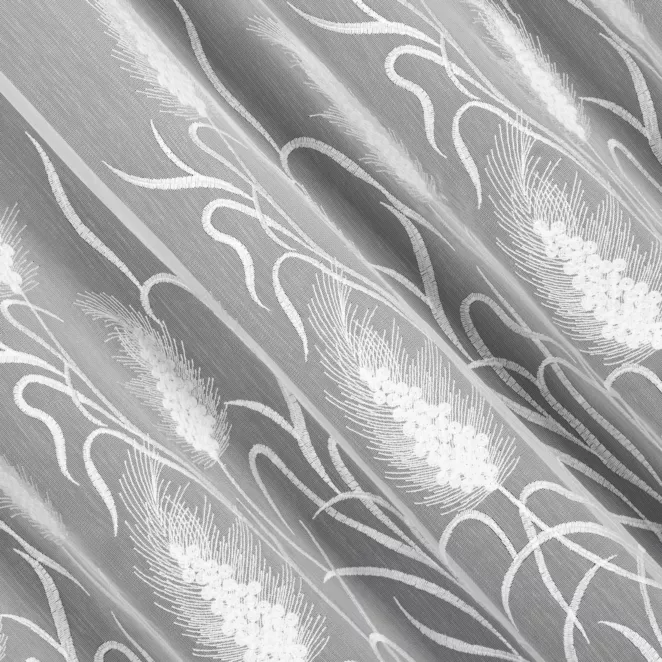 P287/1 Firana szyta na taśmie 5 cm biała z delikatnej tkaniny typu aden, wykończonej roślinnym haftem