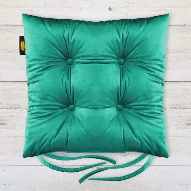 Poduszka na krzesło 40 x 40 x 8 cm dwustronna welwetowa turkusowa z czterema pikowaniami
