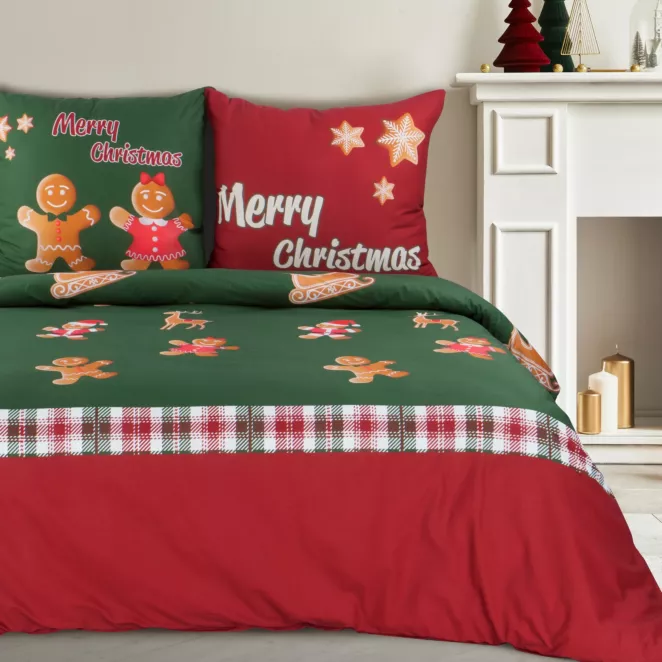 Pościel świąteczna 160x200 z mikrowłókna kolor czerwony, zielony  z motywem pierników GINGER 2