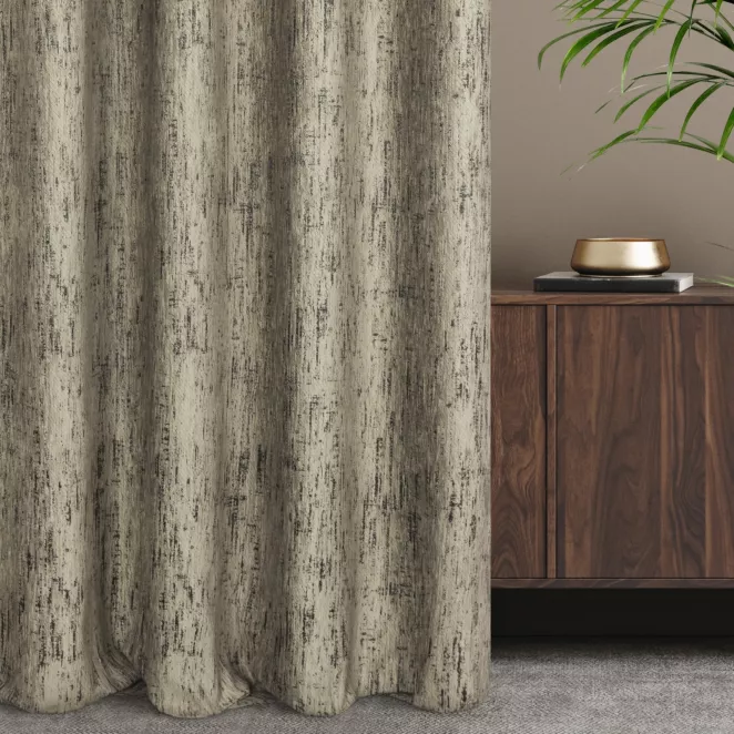 Zasłona szyta na taśmie 5 cm beżowo grafitowa z miękkiej, szenilowej tkaniny w prążki Italissima Eva Minge