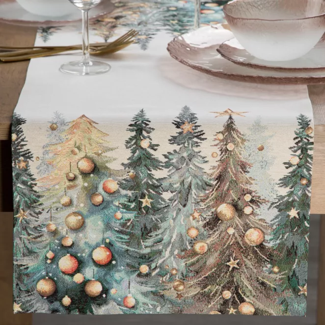 Świąteczny bieżnik naturalno, zielony 40x100 cm gobelinowy zdobiony tkanym motywem choinek