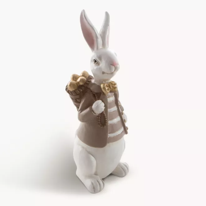 Wielkanocna figurka dekoracyjna zajączek w sweterku biało, beżowej kolorystyce