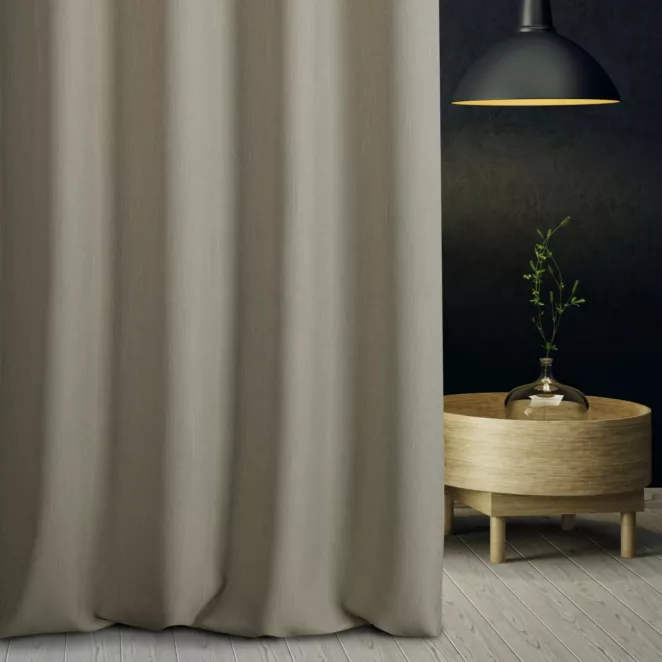 Zasłona szyta na taśmie 5 cm STYLE szara o naturalnym charakterze, z widocznym, ozdobnym splotem