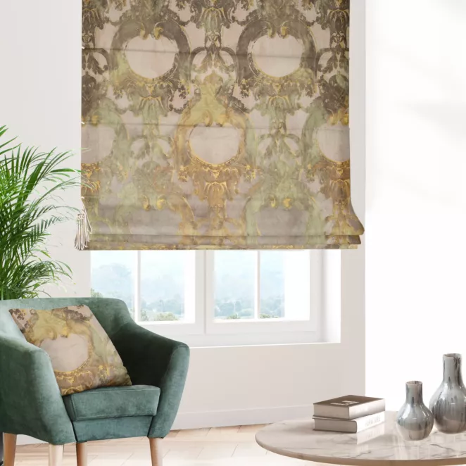 Roleta rzymska beżowo złota z eleganckiej welwetowej tkaniny, pokryta pięknym, nowoczesnym ornamentem Italissima Eva Minge