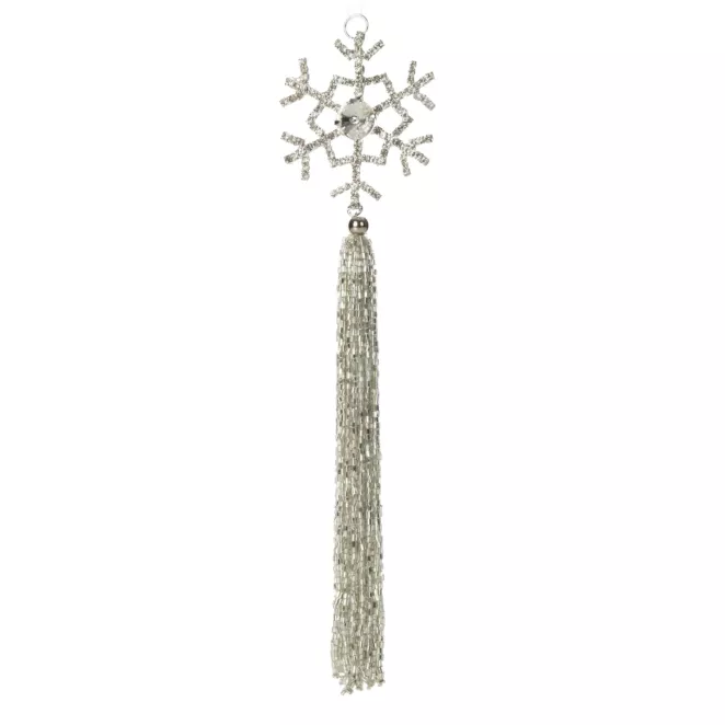 Ozdoba świąteczna śnieżynka z dekoracyjnym chwostem wykończona koralikami i lśniącymi kryształkami na dekoracyjnej wstążeczce