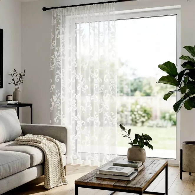 Firana z organtyny biała z żakardowym wzorem roślinnym 75x265 cm