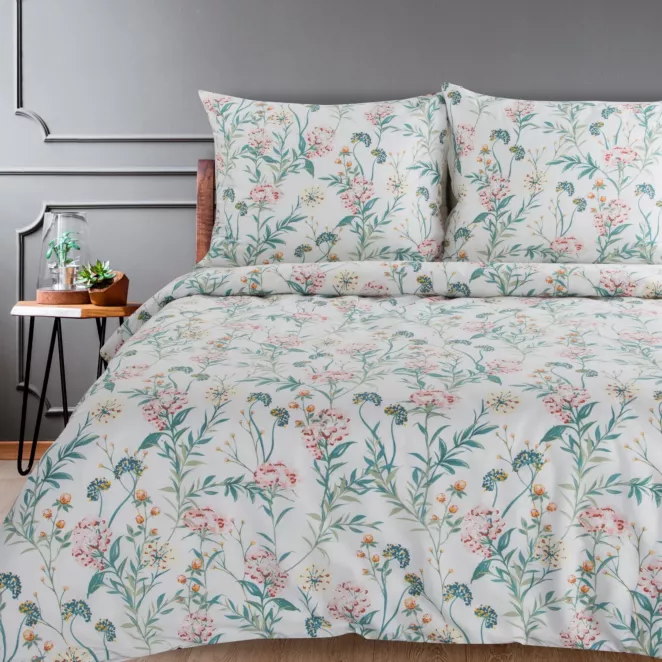 Pościel 220x200 cm bawełniana kolor biały, miętowy wzór roślinny ELLA15 Ella Line