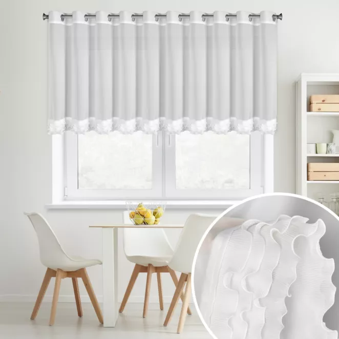 Firana biała z szyfonu zdobiona falbanką  200x70 cm przelotka - LUISA