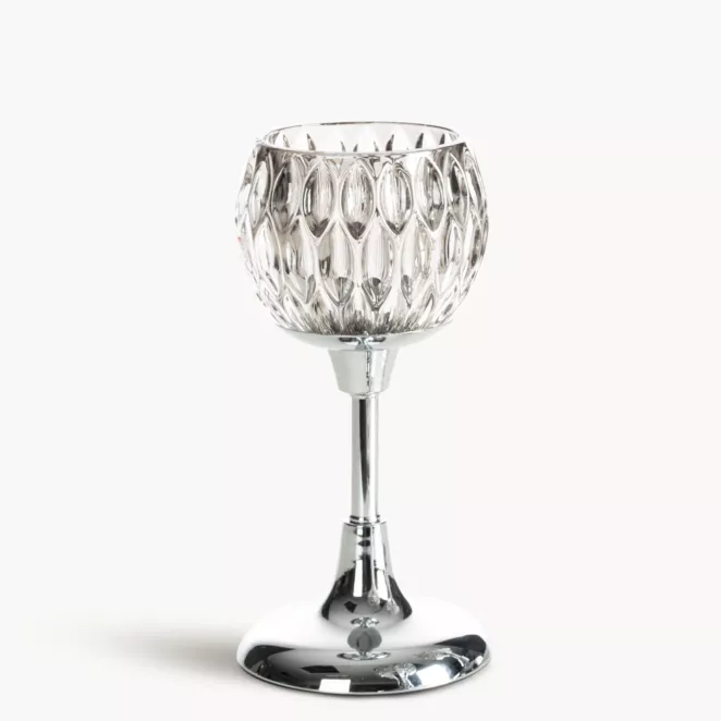 Świecznik dekoracyjny srebrno, grafitowy ze szlanym tłoczonym kielichem  rozmiar 11x22 cm SALMA