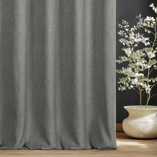 Zasłona szyta na taśmie fala popielata o naturalnym charakterze, z widocznym, ozdobnym splotem