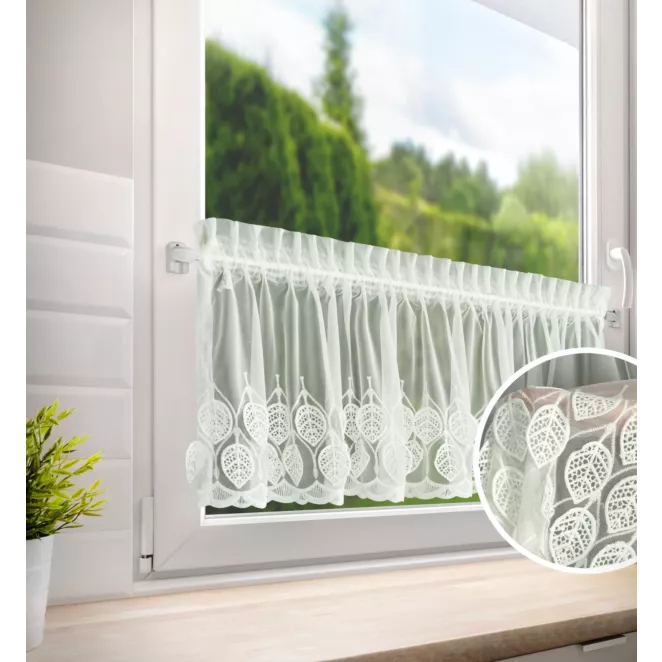 Zazdrostka kremowa z drobnej siateczki zdobiona ażurowym haftem 40x150 cm taśma - NIRA