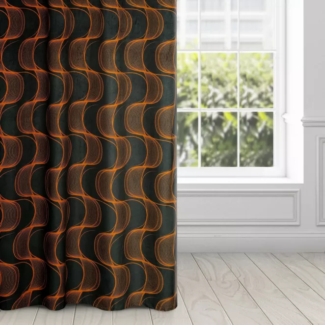 Zasłona czarno, ruda z wzorem pionowych fal, z welwetu 140x250 cm przelotka - POLA