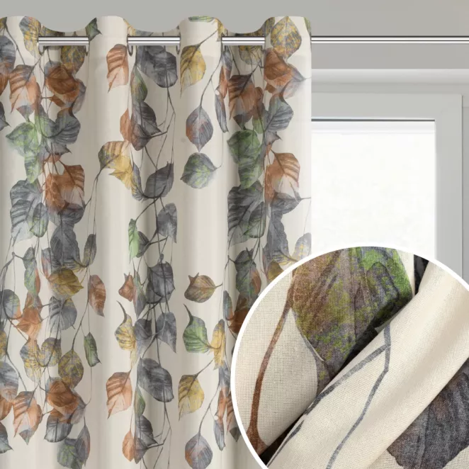 Zasłona naturalno, ruda o naturalnym splocie zdobiona motywem liści 140x250 cm przelotka - NORA