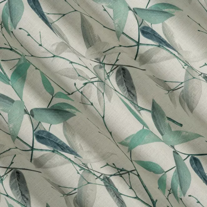L153/4 Zasłona szyta na taśmie 5 cm zielono kremowa z tkaniny o naturalnym splocie z dodatkiem lnu, zdobionej nadrukiem w kształcie liści