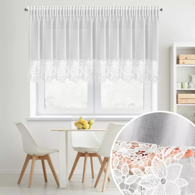 Firana biała z matowej etaminy zdobiona subtelną aplikacja w formie kwiatów 350x155 cm taśma - ARTEMIDA