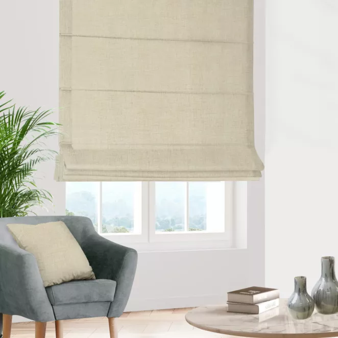 Roleta rzymska beżowo srebrna tkanina o naturalnym splocie z delikatnym połyskiem