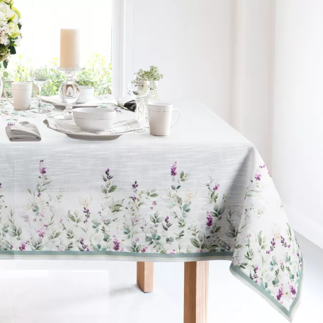 Obrus naturalno, miętowy 140x240 cm SUMMER 11 zdobiony nadrukiem letnich kwiatów