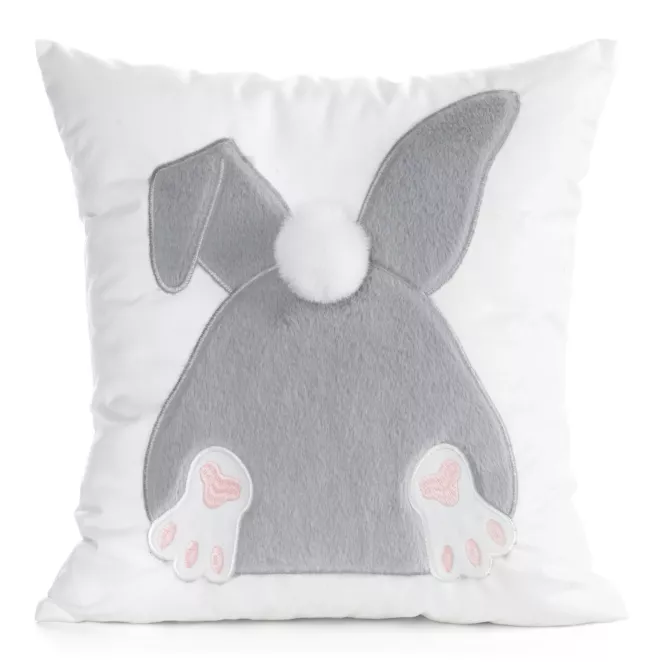 Wielkanocna poszewka na poduszkę 45x45 cm welwetowa z uroczym zajączkiem biało, srebrna WIOSNA 129
