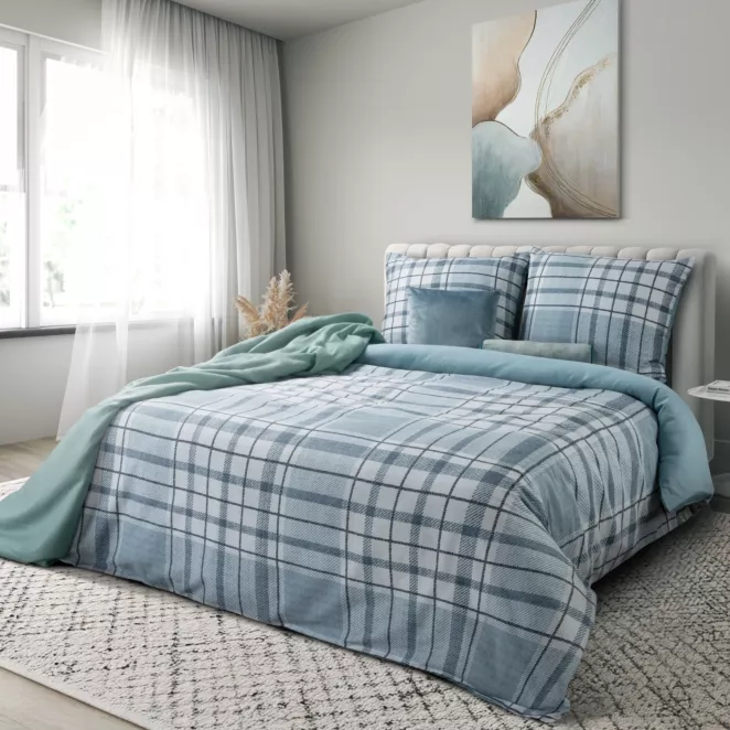 Pościel 140x200 cm komplet 2 częściowy satyna bawełniana kolor niebiesko, biały z motywem kraty SPRING 95