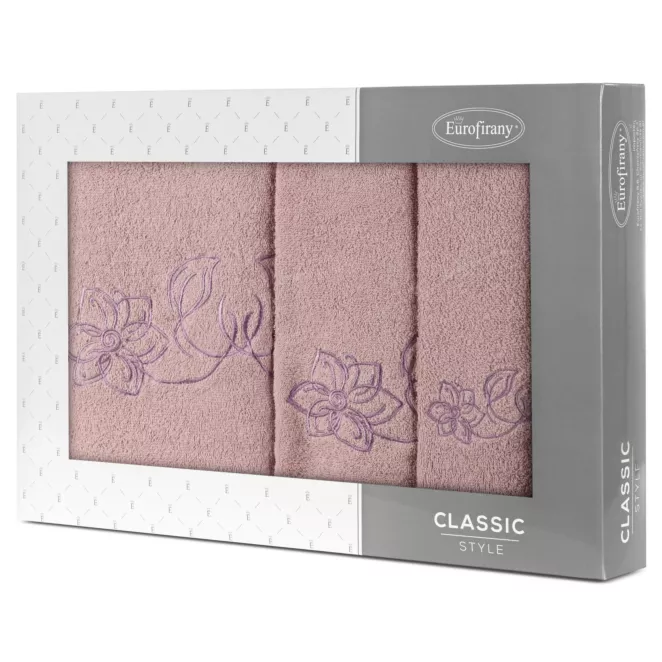 Zestaw ręczników bawełnianych na prezent 3 szt kolor pudrowy, liliowy z haftem uroczych kwiatów 400 g/m2 LILA
