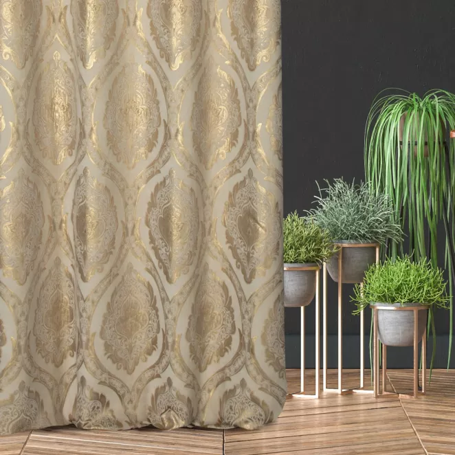 Zasłona szyta na taśmie 5 cm złota z szenilowej tkaniny w klasyczny wzór ornamentowy przetykany błyszczącą nicią Italissima Eva Minge
