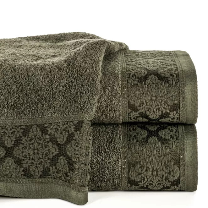 Ręcznik do rąk 30x50 cm bawełniany kolor ciemnooliwkowy z żakardowym wzorem ornamentów 500 g/m2 SARA