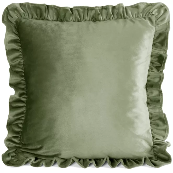 Poszewka na poduszkę 45x45 cm z aksamitnego welwetu oliwkowa zdobiona na brzegach falbanami BRENDA Eurofirany Premium