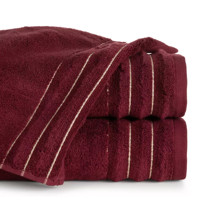 Ręcznik do rąk 30x50 cm bawełniany kolor bordowy zdobiony prążkami z błyszczącej nici 500 g/m2 LUNARI