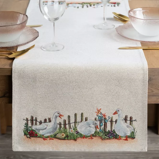 Bieżnik na stół naturalny 40x100 cm gobelinowy z motywem Gęsi