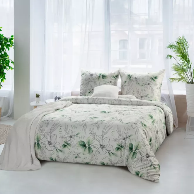 Pościel 220x200 cm bawełniana kolor biały, zielony z wzorem kwiatowym SPRING 28