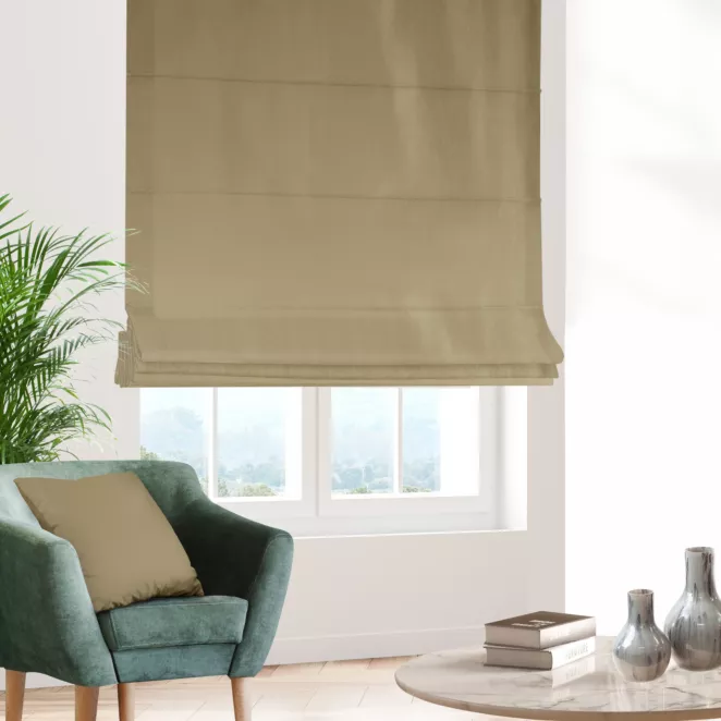 Roleta rzymska oliwkowa z jednokolorowej gładkiej tkaniny