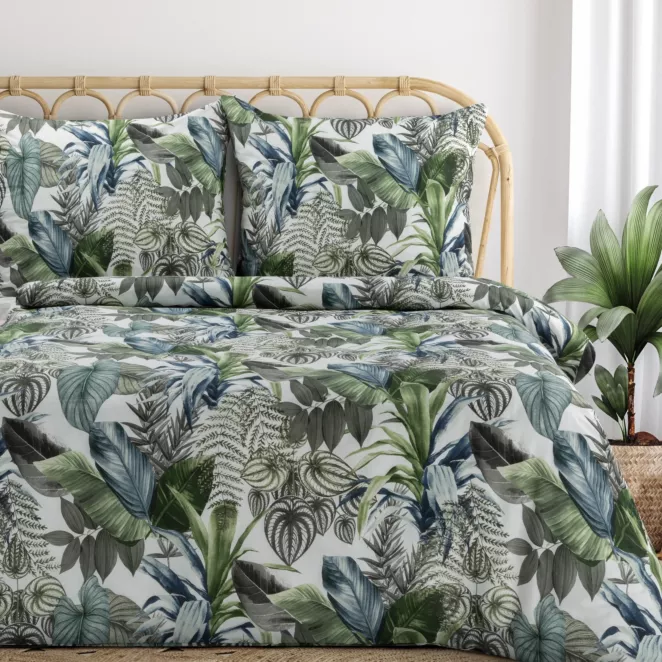 Pościel 140x200 cm bawełniana kolor zielony, biały z wzorem egzotycznych liści DAVOS