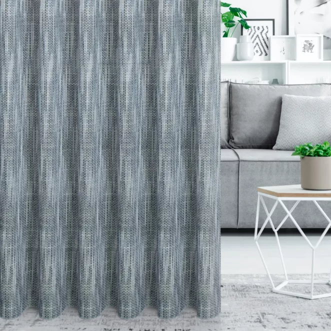 Firana szyta na taśmie 5 cm granatowa siatka w stylu eko z efektem melanżu wykończona obciążnikiem