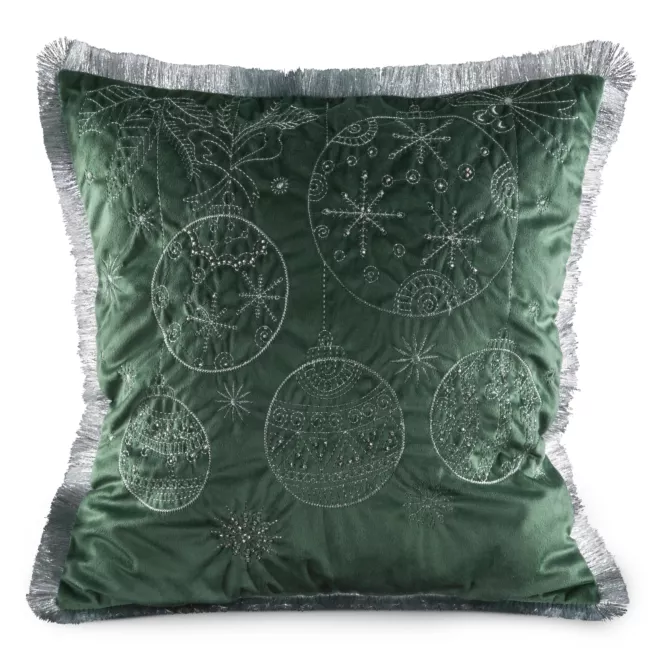 Poszewka na poduszkę 45x45 cm ciemnozielono, srebrna z haftowanym świątecznym motywem i ozdobnymi frędzlami