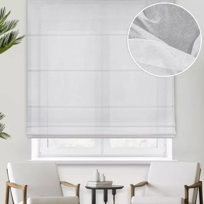 Roleta rzymska VERONA biała z gładkiej matowej etaminy o naturalnym splocie, wykończona obciążnikiem